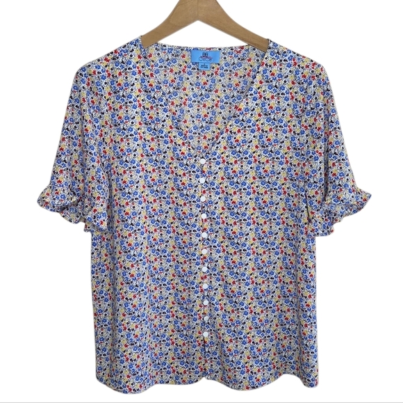 Cece | Red Yellow Blue White Ditsy Floral Short Ruffle Sleeve Blouse Size Small - Picture 1 of 6